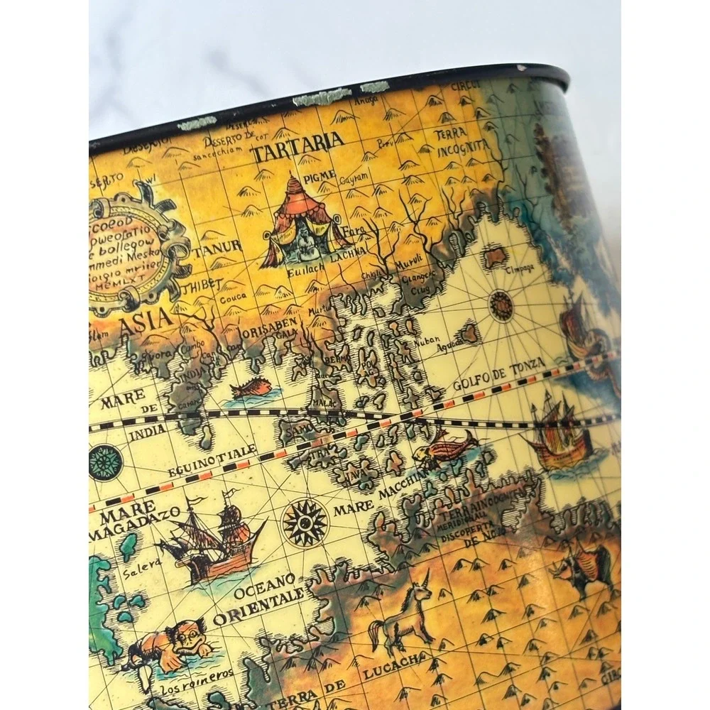 Vintage World Map Metal Desk Caddy Organizer Storage Nautical Decor Japan Oval